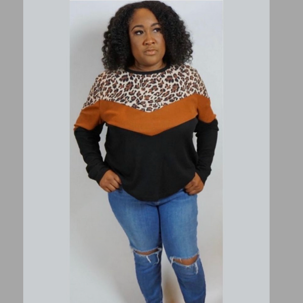 Round Neck Leopard Print Color Block Knit Top Sweater  FW2021