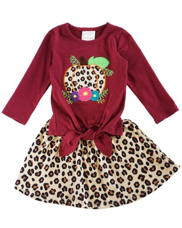 Maroon leopard pumpkin top with skirt set  Fall Kids