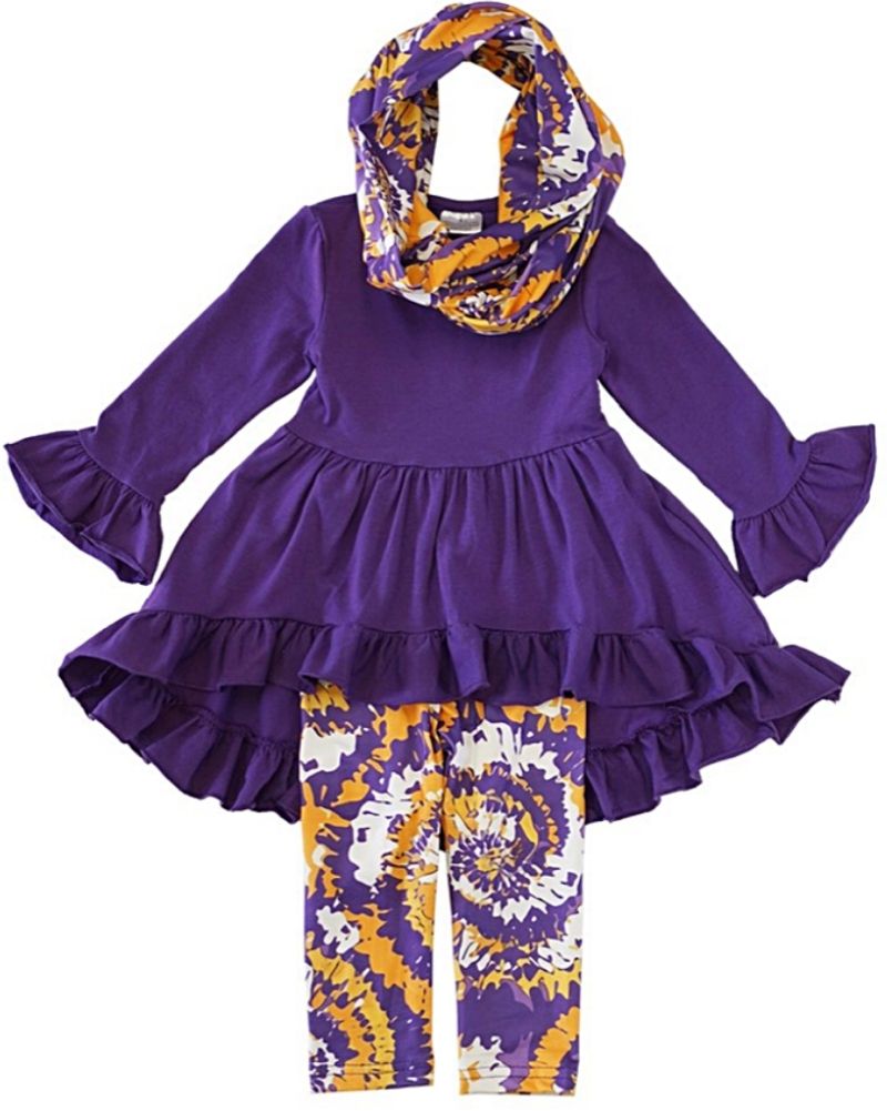 Purple tie dye scarf high low tunic 3 pcs set     Fall kids   Purple and Gold     Game
