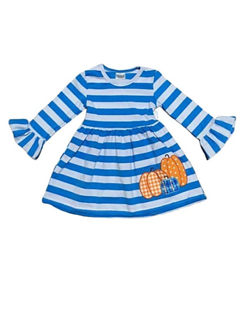 Blue stripe pumpkin applique bell dress Fall Kids