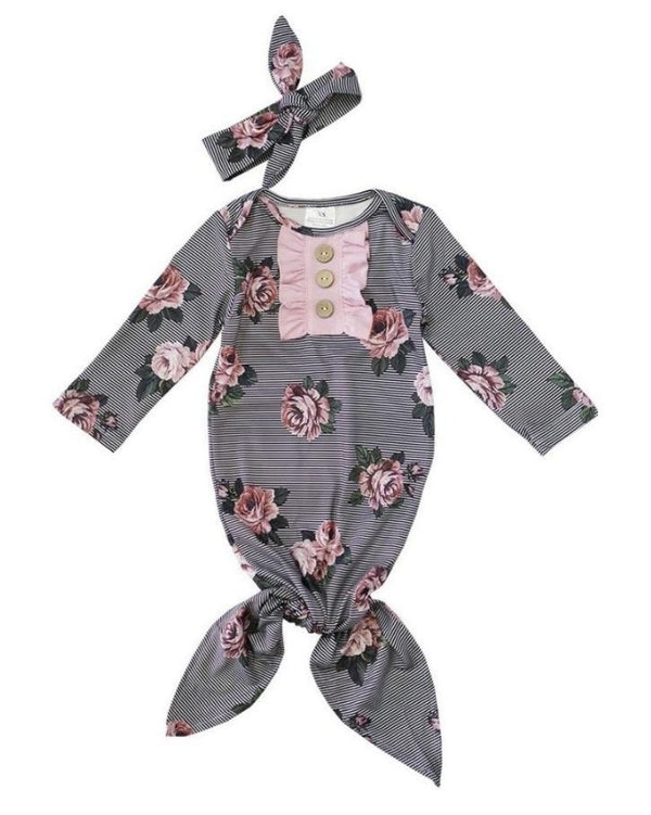 Grey Floral Baby Gown With Headband   Fall kids
