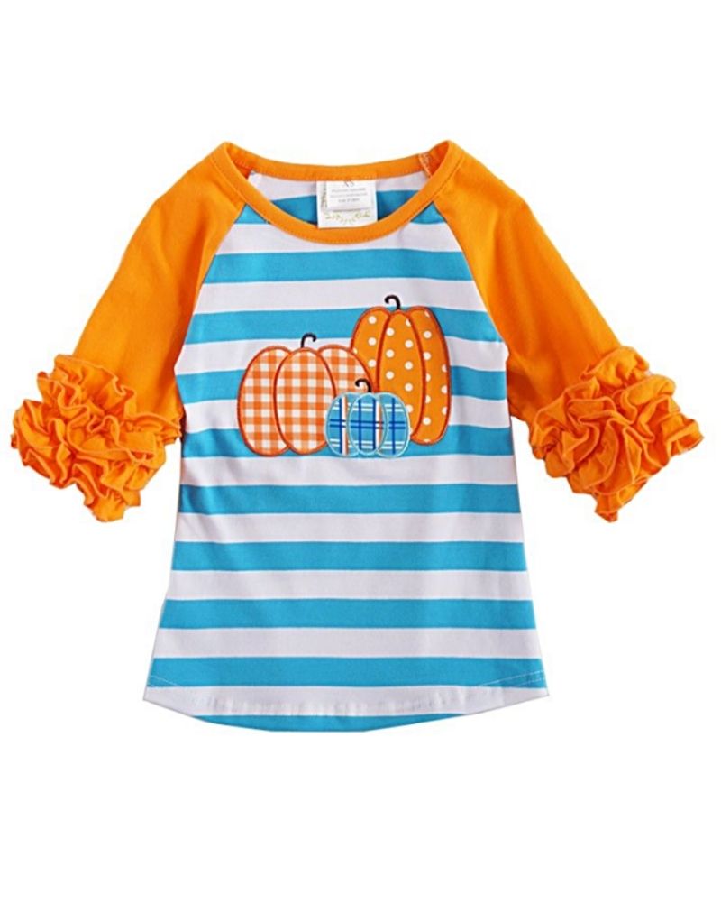 Orange blue pumpkin applique raglan shirt.    Fall kids