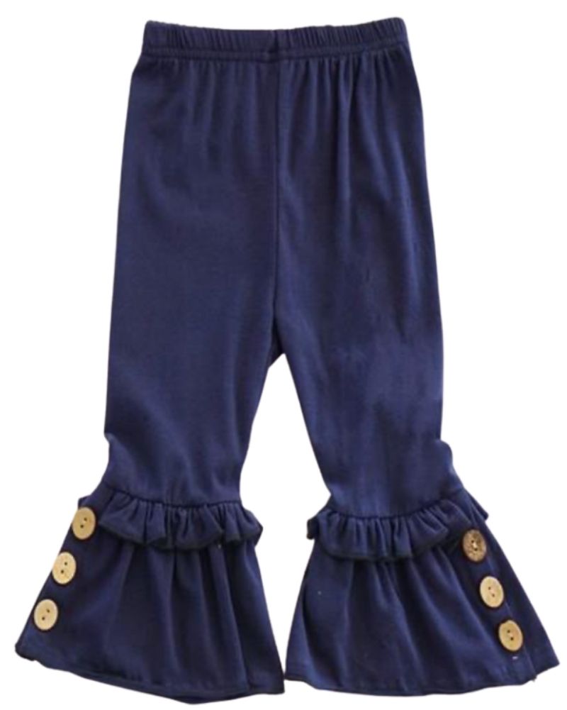 Navy Ruffle Pants with elastic band and button pants.  JP Fall Kids