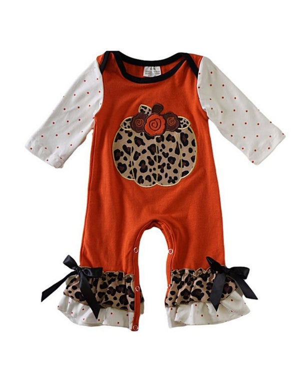 Rust pumpkin applique baby romper  Material: Cotton and spandex.   Fall Kids