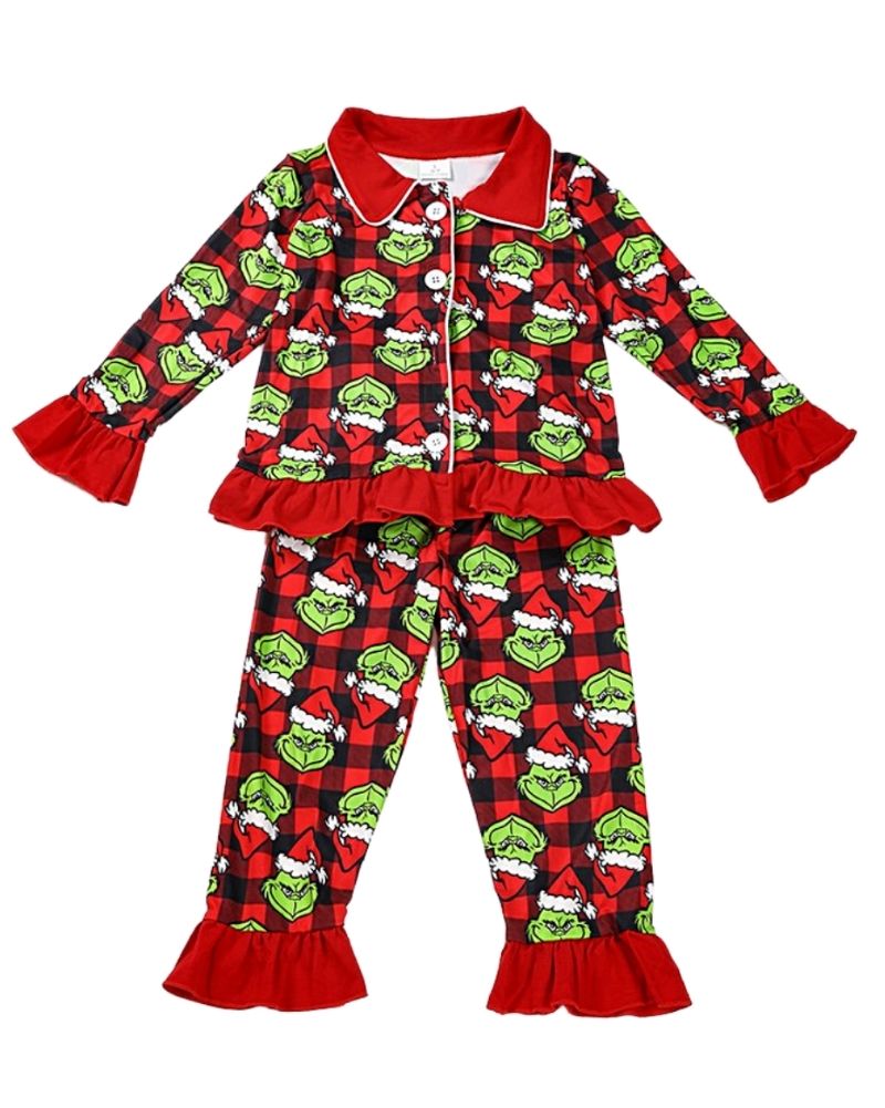 Grinch santa ruffle pajama set.    XMAS