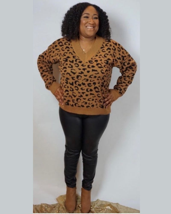 V Neck Leopard Printer Knit Top Sweater FW2021