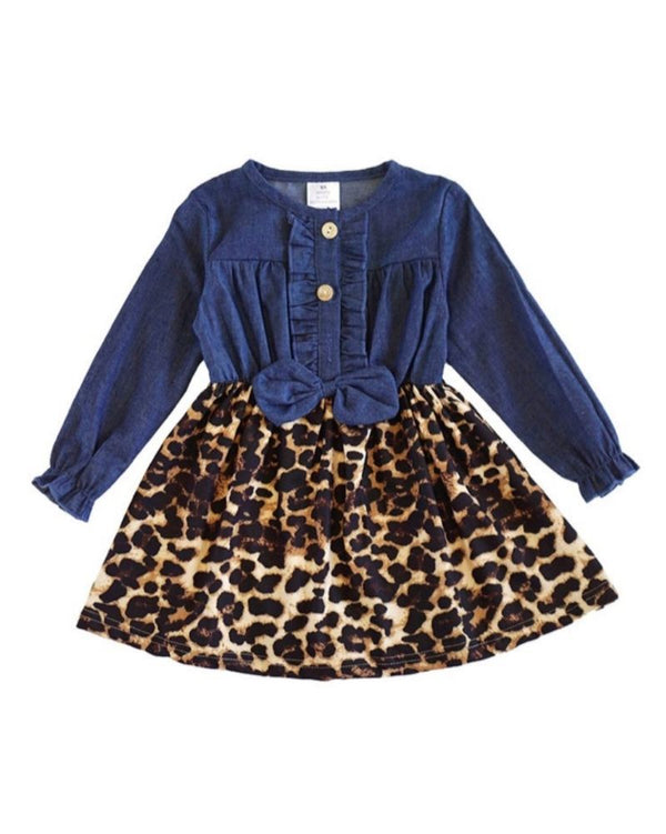 Leopard print denim bow front dress.          Fall Kids