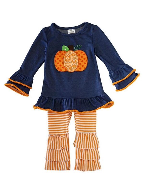 Navy pumpkin applique ruffle set Visit  Material: Cotton and spandex.    Fall Kids