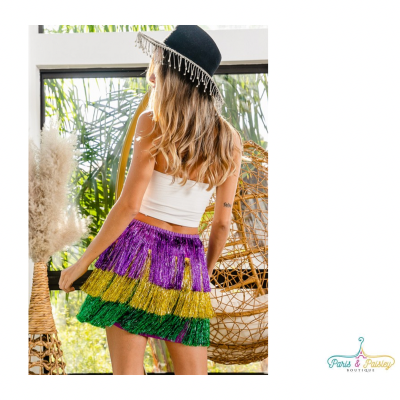 Mardi Gras Tiered Tinsel Fringe Skirt FW2021