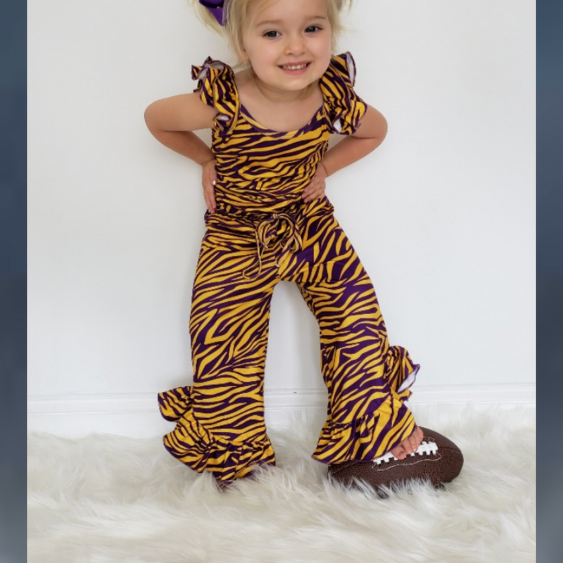 Go Team Purple and Gold Tiger Girls Romper    Game Day Fall Kids