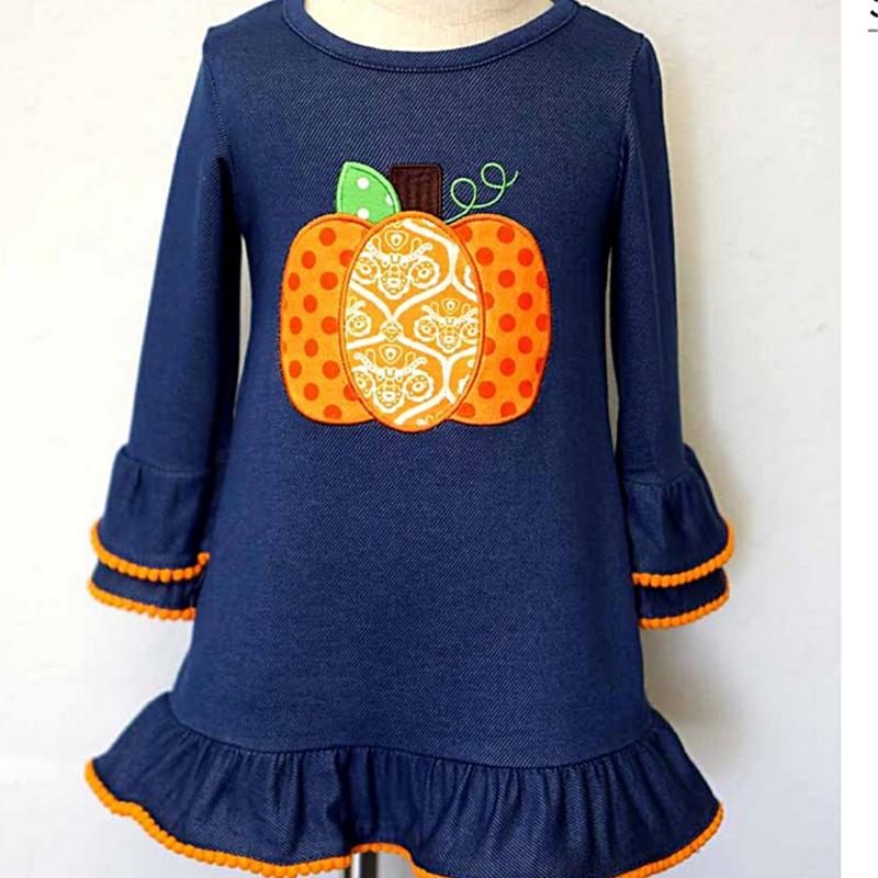 Navy pumpkin applique ruffle  Material: Cotton and spandex.   Fall Kids