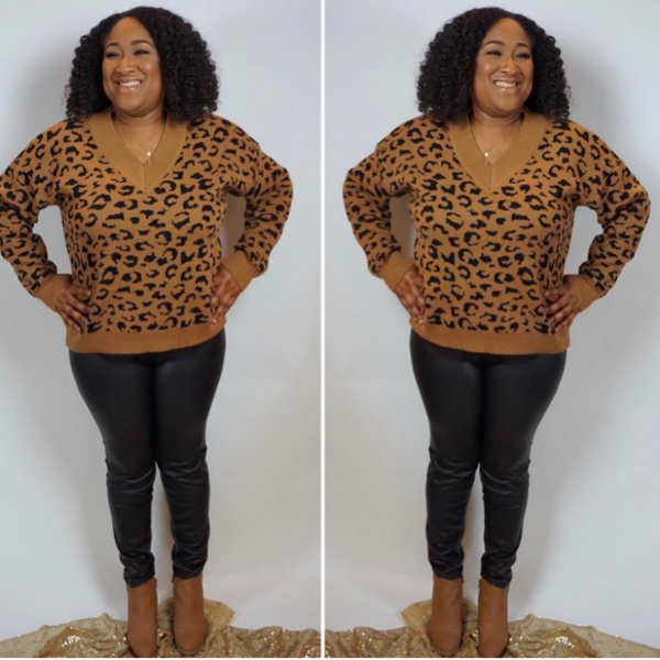 V Neck Leopard Printer Knit Top Sweater FW2021